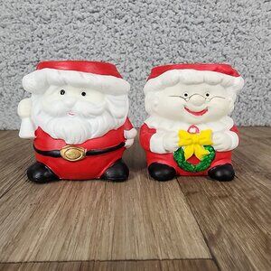 Vintage Santa & Mrs. Claus Ceramic Candle Holders Set‎ of 2 Holiday Decor